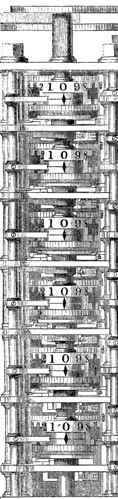 Portion of Babbage's difference engine, Harper's New Monthly Magazine 30.175 (Dec. 1864): 34.