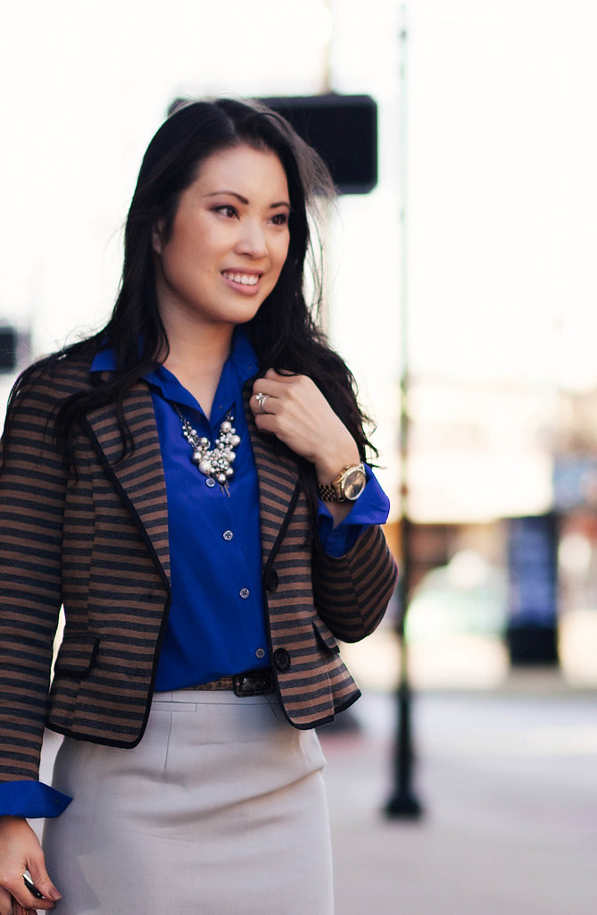 cute & little blog | striped knit blazer, cobalt blue silk shirt, j. crew gray pencil skirt, louis vuitton speedy 25, pearl cluster statement necklace outfit