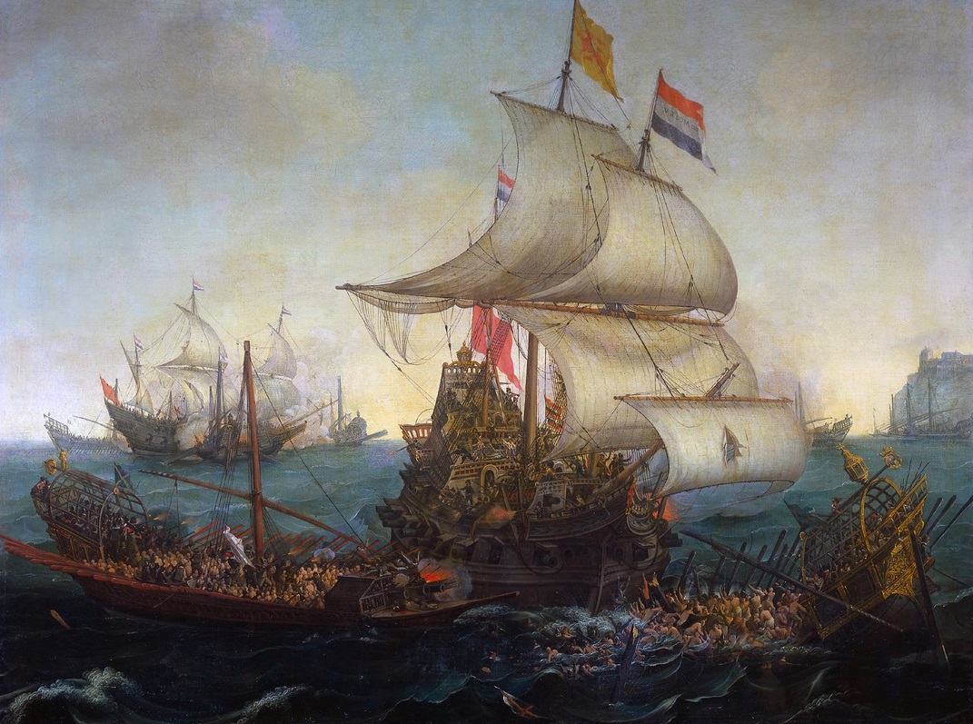 Enfrentamiento entre un galeón holandes y una galera española, en 1602. Autor desconocido (1617)
