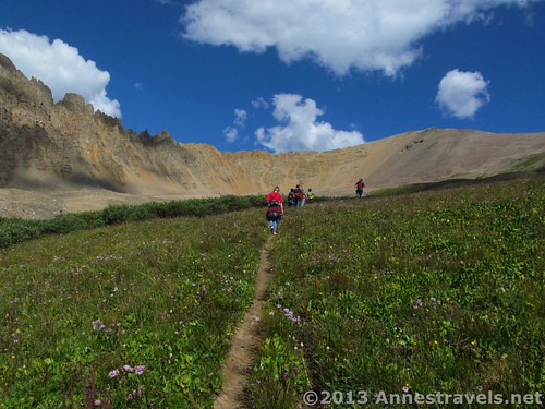 Hiking through the meadow on the Electric Pass Trail, White River National Forest, Colorado