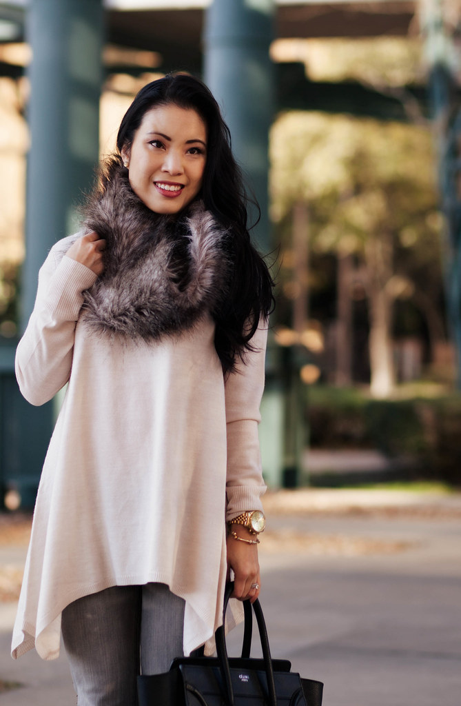 cute & little blog | asos fur snood, h&m asymmetric hem sweater, gray jeans, celine | casual outfit