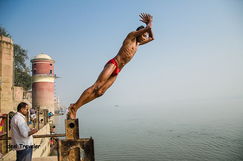 A pehlwan in langot jumps into river ganges on Assi Ghat of Varanasi