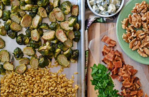 Brussels sprouts, kamut, bacon, walnuts, and blue cheese