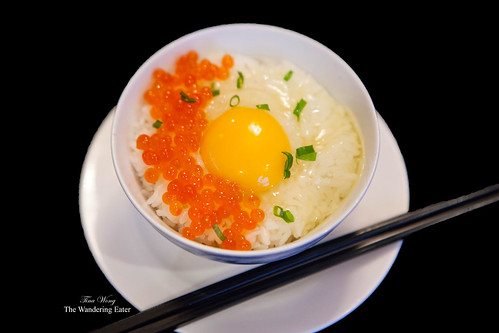 Ikura Don (salmon roe rice) with a raw egg to be mixed in