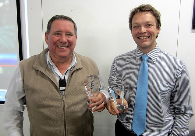 Trevor Carroll and Darren Peters of the South Morang and Mernda Rail Alliance, accepting the inaugural Paul Mees Award