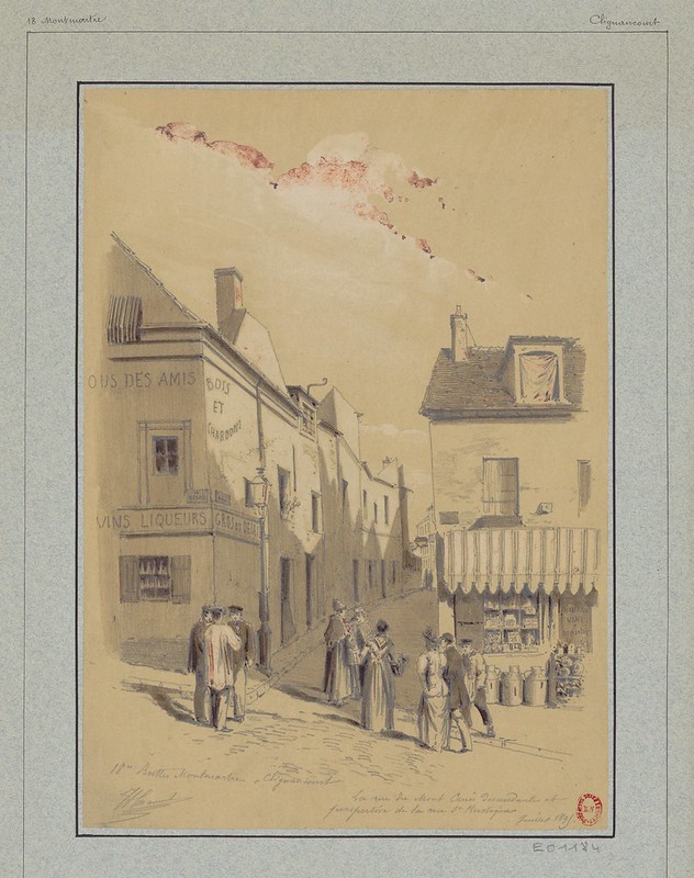 drawing of 19th c. Paris - people gathered on steep street on corner near retail businesses