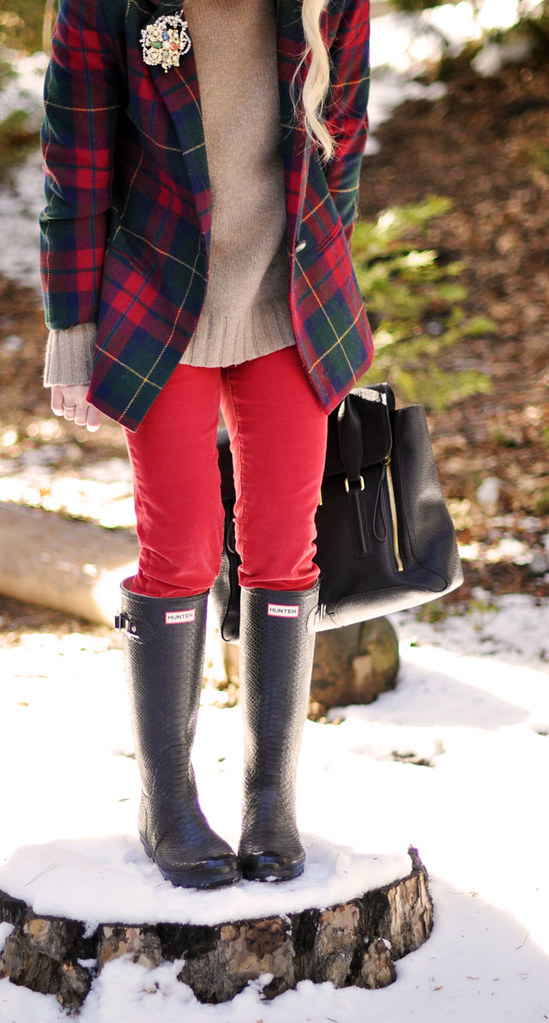 1-plaid jacket-red pants-hunter boots-