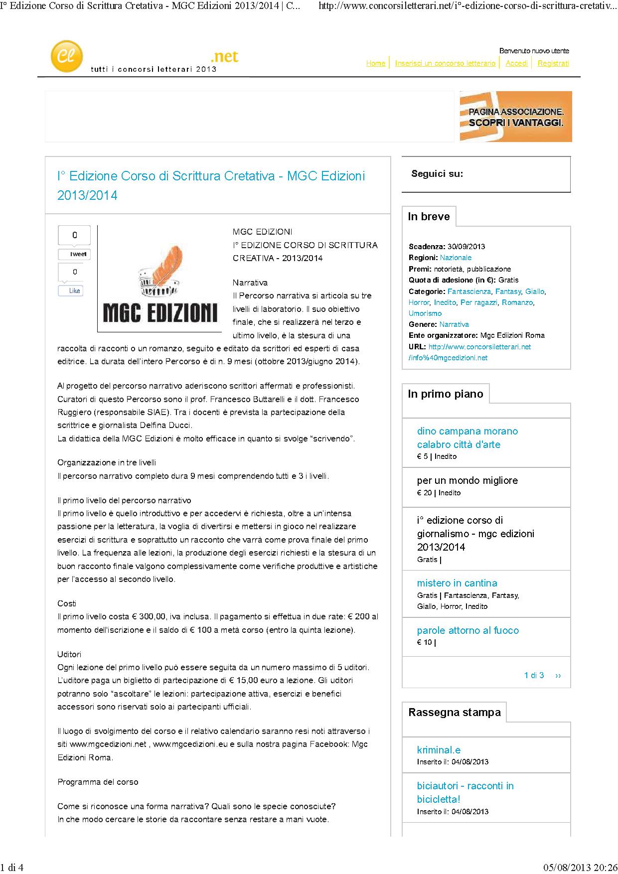 I° Edizione Corso di Scrittura Cretativa - MGC Edizioni 2013_2014 _ Concorsiletterari.net