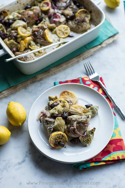 Roasted Lemon Chicken Thighs with Artichokes and Kalamata olives www.pineappleandcoconut.com