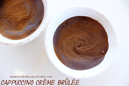 Cappuccino Crème Brûlée in white bowls looking down from top.