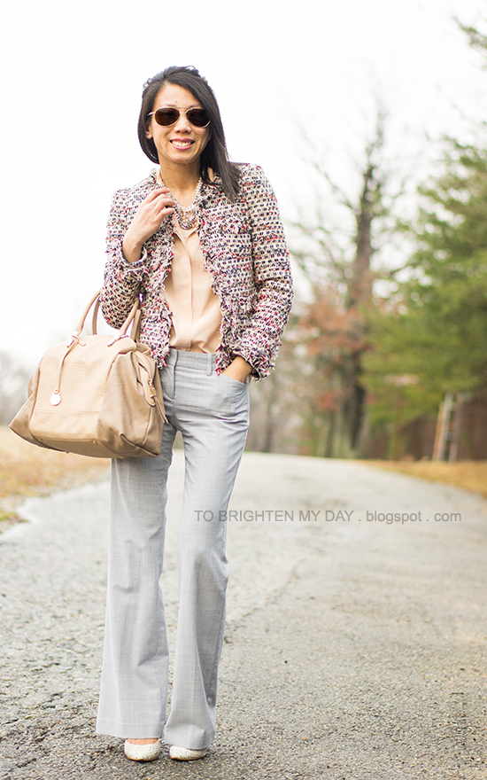 tweed jacket, mixed pearl necklace, nude blouse, gray trousers