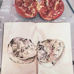 'Like flesh' #pomegranate #fruit #seeds #growth #life #openheart #red #moleskine #sketchbook #fruitjuice #painting #illustration #black #acrylicpaint