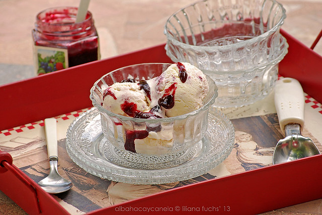Vanilla ice cream with red fuit swirl