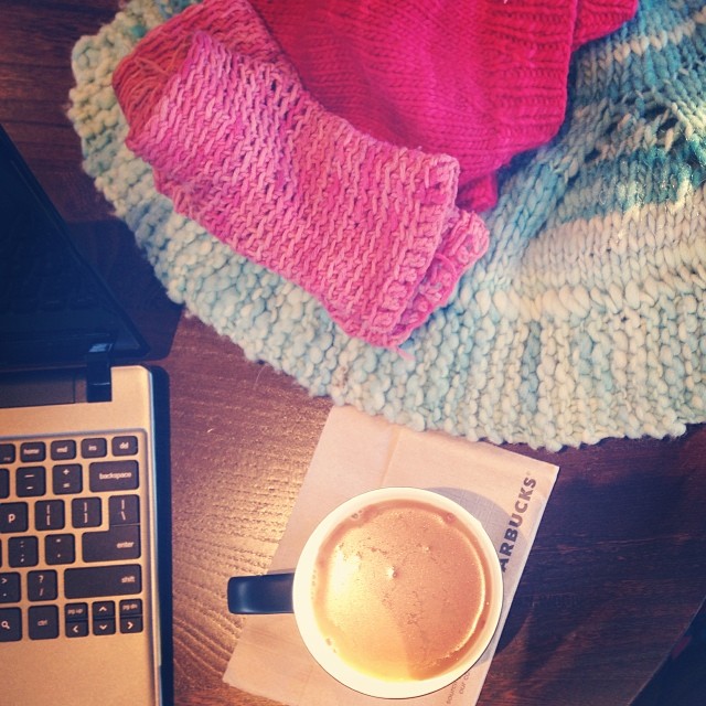 Today's office, piled with hand knits, aka Survival Gear. (That's a Malabrigo beret, crocheted handwarmers in @mercedesknits yarn, and my own hand spun in @_leethal_'s Betiko.)