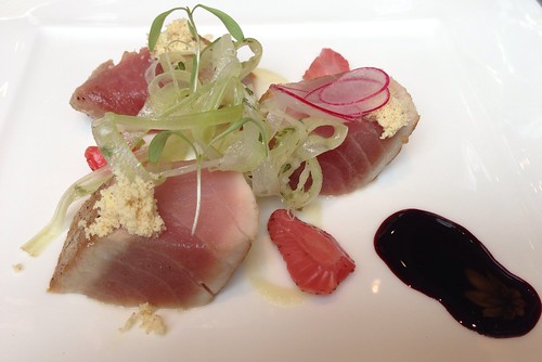 Pan-Seared Albacore Tuna. Oregon Pinot Noir Reduction & Powdered Brown Butter with Crispy Celery, Pickled Strawberries & a purée of Cilantro & Sweet Onions.