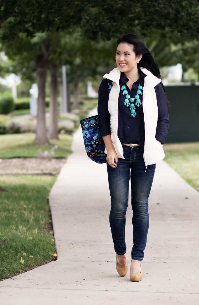 lululemon fluffin' awesome white quilted puffer vest, navy button shirt, bdg grazer skinny jeans, mustard pumps, ily couture turquoise bubble necklace, vera bradley grand tote in midnight blues outfit #ootd
