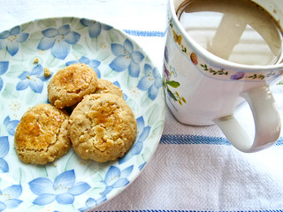 IMG_1705 Coffee with milk and walnut cookies  - breakfast