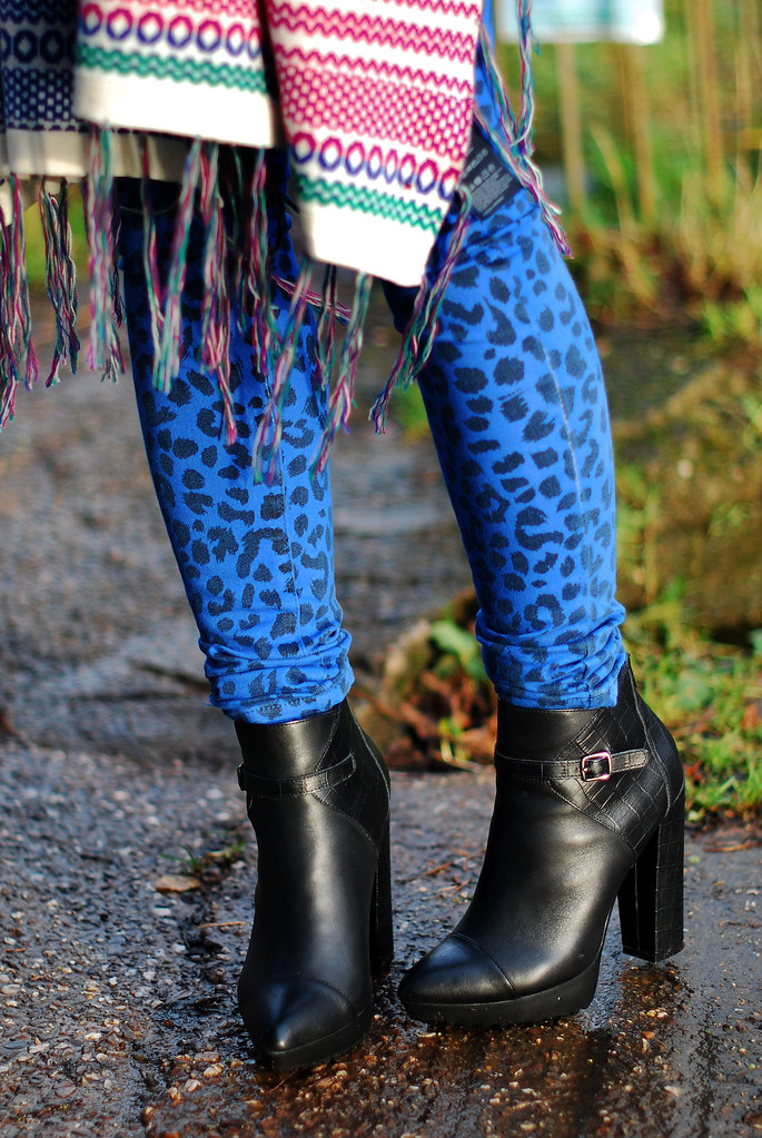 Multicoloured shawl, blue leopard print skinnies & black ankle boots