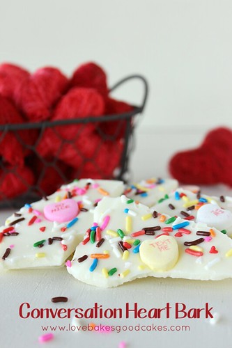 Conversation Heart Bark close up with rainbow sprinkles and candy hearts.