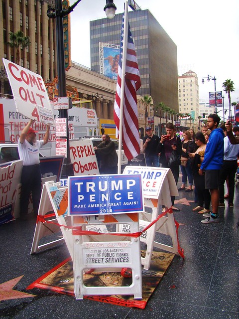 Hollywood Trump Rally - Flag over Smashed Walk of Fame Star