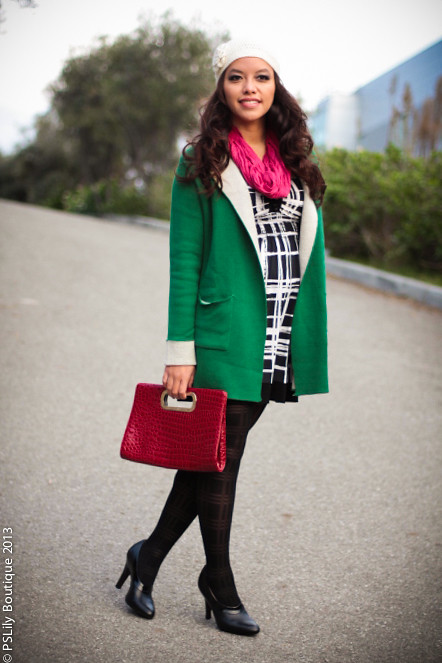 instagram-pslilyboutique-los-angeles-fashion-blogger-Green cardigan coat, grid dress, plaid tights, white beanie