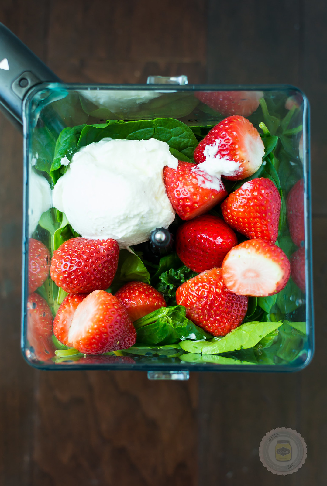 Strawberry Kale and Spinach Detox Smoothie Ingredients in Blender