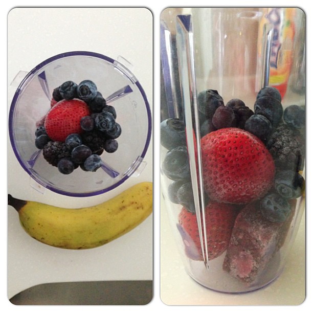 Usually my breakfast, but today, my evening snack. Frozen strawberries, blackberries, blueberries, cube of antioxidant berry cocktail, tablespoon of collagen and one banana. #smoothie #yum