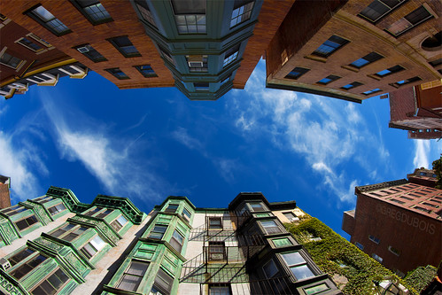 Beacon Hill Neighborhood Boston, Wide Angle Look Up at Blue Sky by Greg DuBois Photo