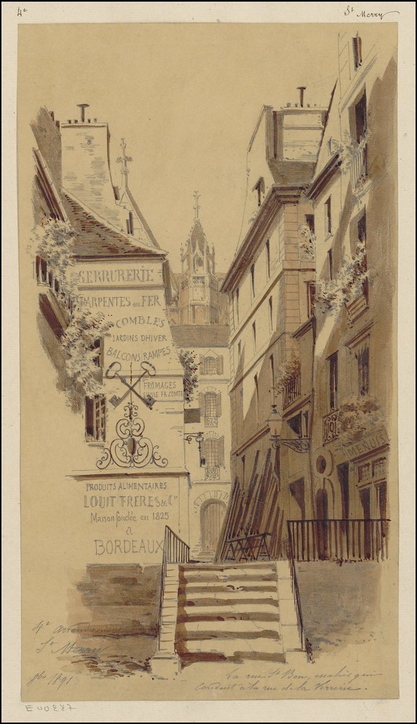 watercolour & pen sketch of 19th century Parisian street vista with stairway & commercial buildings 