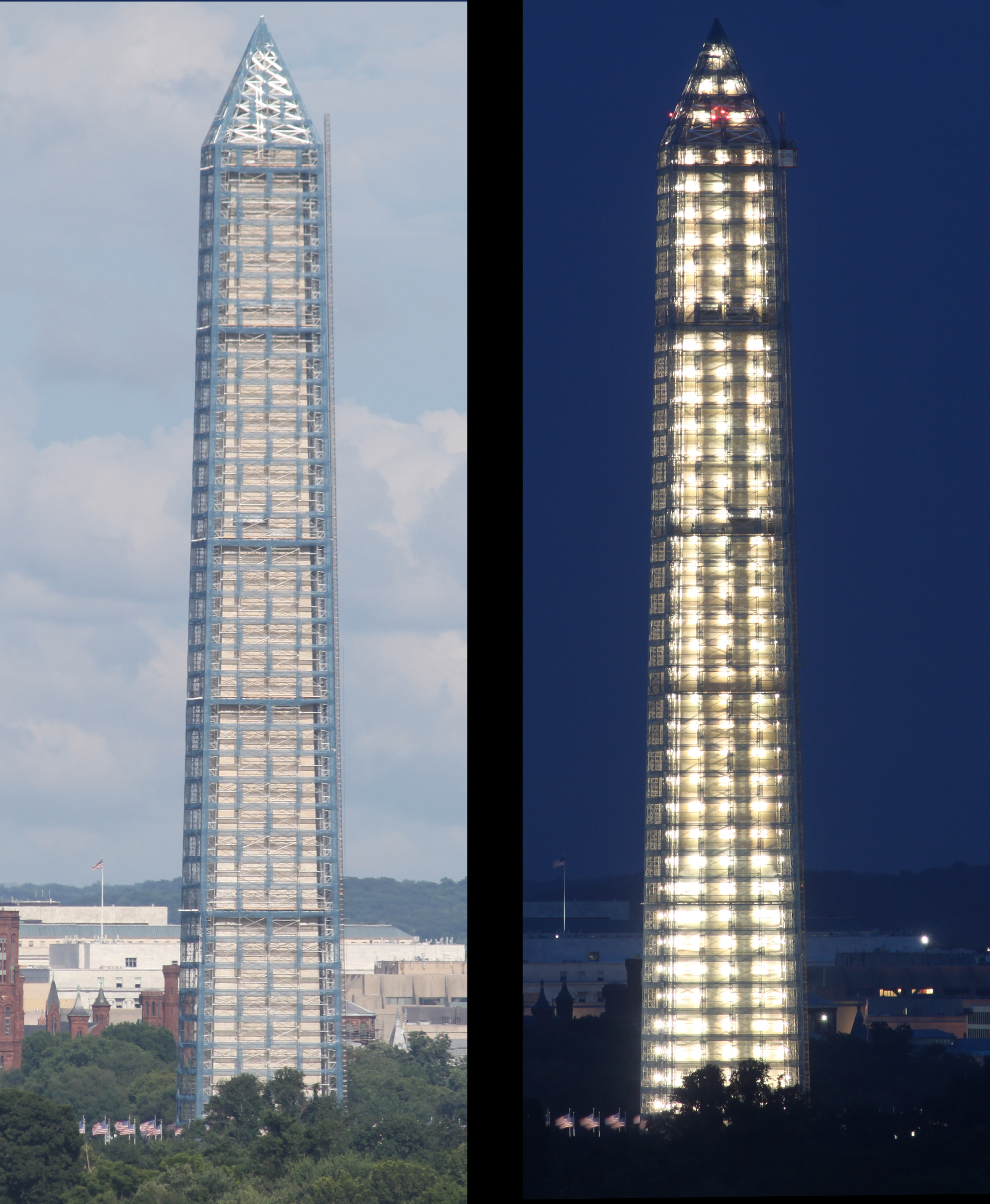 Washington Monument scaffolding (day and night)