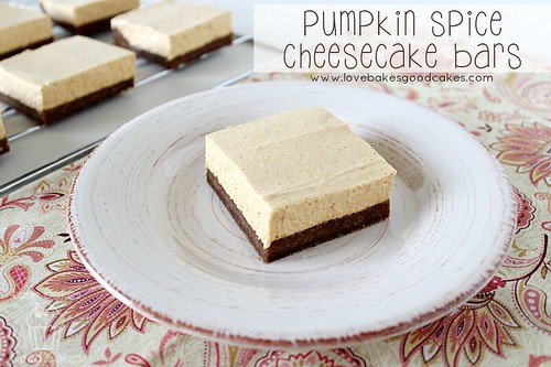 Pumpkin Spice Cheesecake Bar on plate with bars in the background.