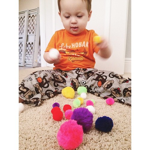 I taught Will about colors with pompoms this morning. We didn't do much color sorting, but he loved the texture and the bright colors! #pictapgo_app #babies #teaching