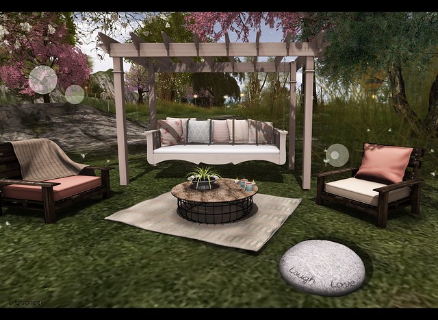 The Home Show - floorplan - garden daybed - floral & Trompe Loeil - Pallet Chair Brown & Cheeky Pea -  Deconstructed Coffee Table