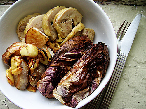 baked chicken and roasted radicchio, turnips, and garlic