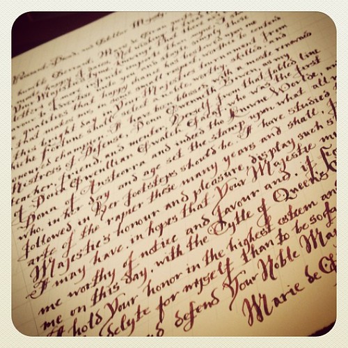 Today's calligraphy practice: Marie de Girau's letter of intent for Queen's Champion.