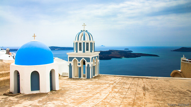 santorini greece blue domes church