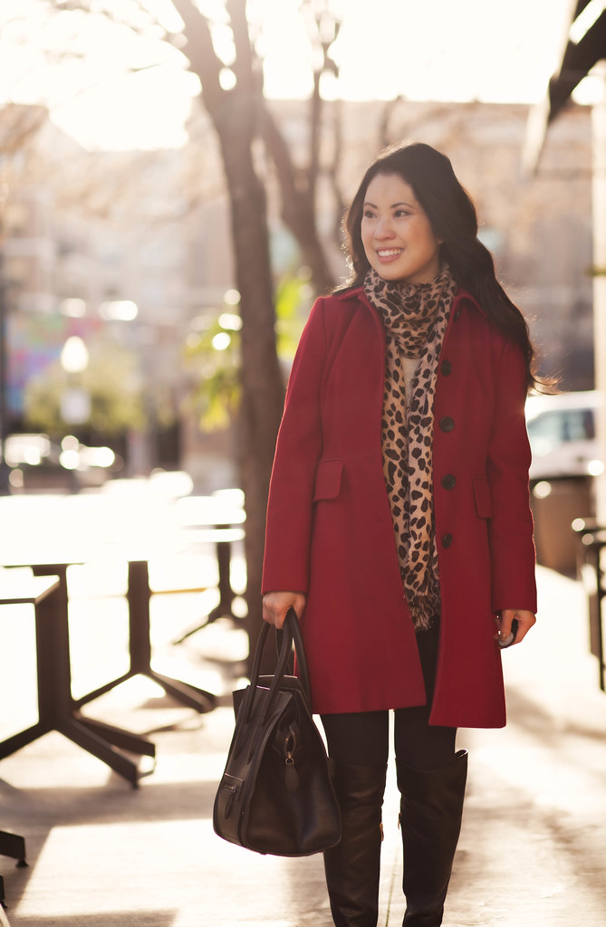 cute & little blog | red wool coat, leopard scarf, lululemon black wunder under tights, vince camuto bedina otk boots outfit