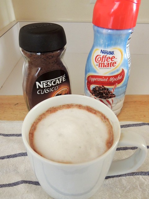 hot cocoa with nescafe clasico instant coffee and coffee-mate peppermint mocha