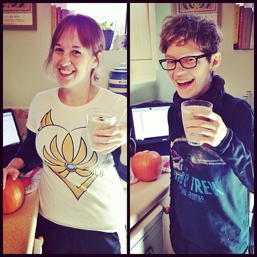 Geeking out on pecan pie smoothies in our respective geeky t-shirts.