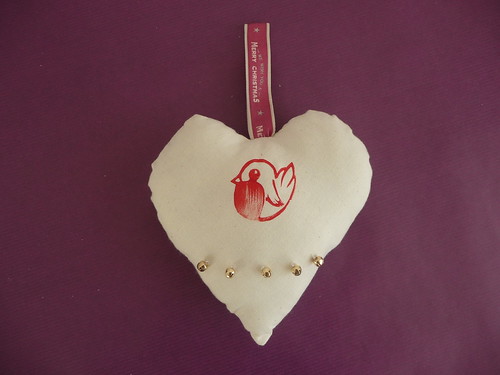 Lino Printed Robin Heart Bauble