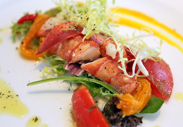 ASTICE: Sweet Half Maine Lobster Dressed in Coral Style of Roasted Peppers and Basil Salad