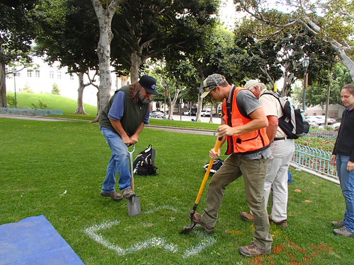 Kit Paris and Randy Riddle with the USDA Natural Resources Conservation Service are taking soil samples in downtown Los Angeles. (NRCS photo)