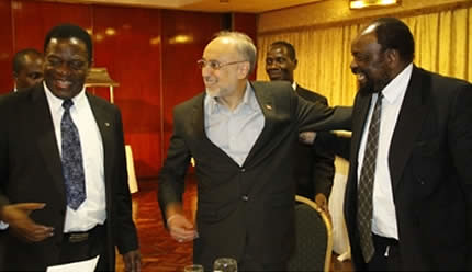 Republic of Zimbabwe Foreign Minister Simbarashe Mumbengegwi with his Iranian counterpart Dr. Ali Akbar Salehi and Defense Minister Emmerson Mnangagwa in Harare on July 4, 2013. by Pan-African News Wire File Photos