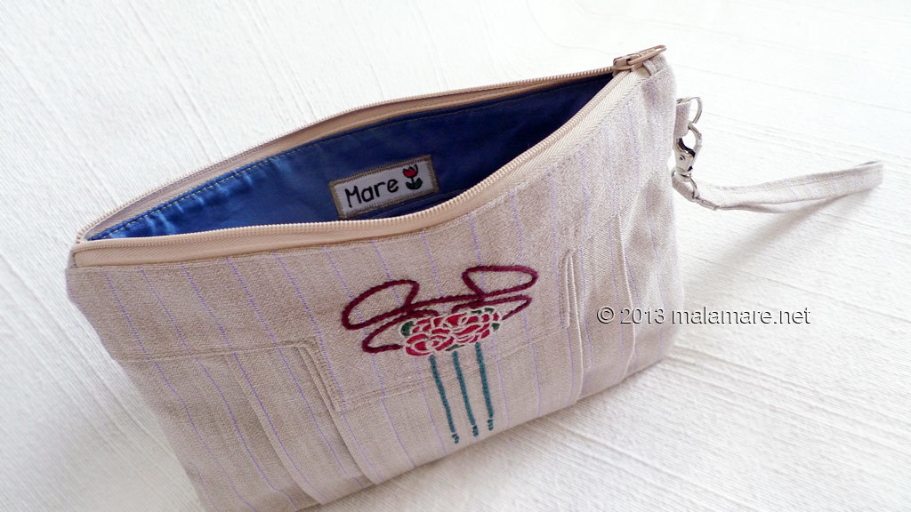 Art Deco inspired linen clutch bag inside