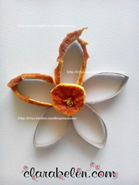 flor rollo de cartón y cascara de naranjas