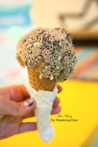 Coffee Toffee Ice Cream with Black Sesame Nori in a waffle cone