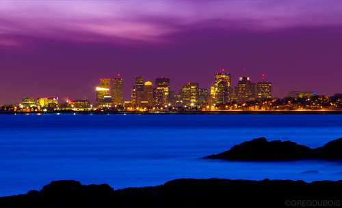 Boston Skyline and Winthrop over Lewis Cove and Broad Sound, Late Dusk in Nahant MA by Greg DuBois Photography