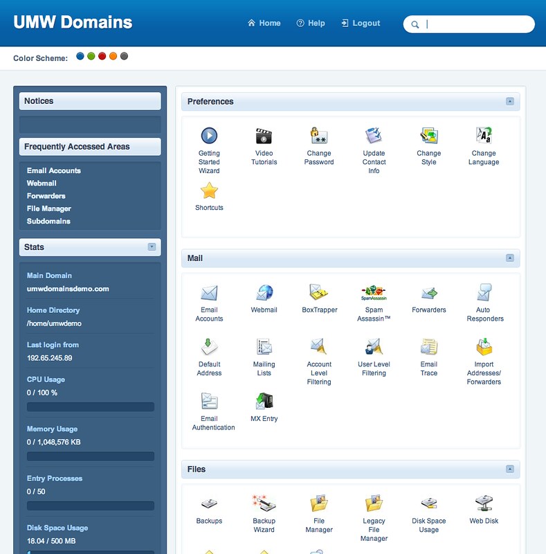 UMW Domains Control Panel Home