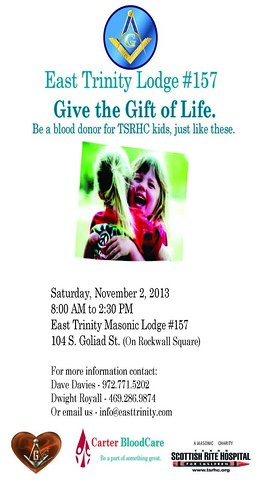 East Trinity Blood Drive Saturday, Nov. 2 from 8:00 - 2:30 by masoniclodge157