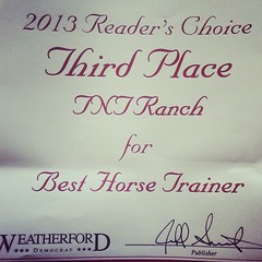 Nice surprise came in the mail today!! Readers choice award for us!! #weatherford #texas #horses #horsetrainer #award #tntranch #tnthorses #colttrainer #tomandtracidavis